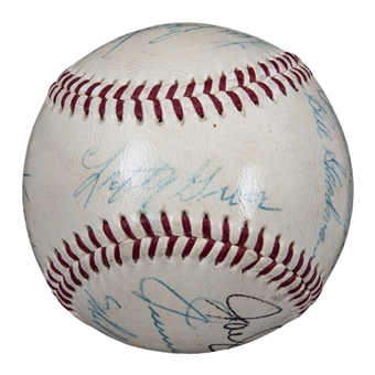 Boston Red Sox Hall of Famers & Stars Multi Signed OAL Harridge Baseball With 13 Signatures Including Foxx, Grove, Williams, & Yawkey (Doerr Family LOA & PSA/DNA)